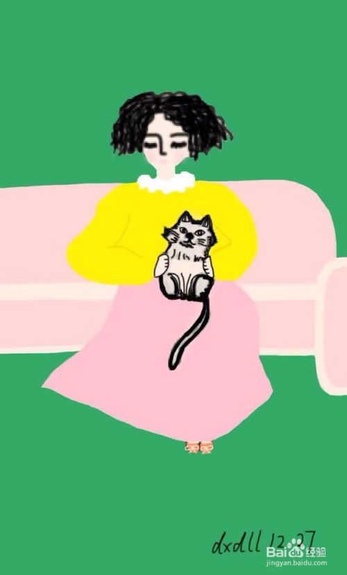 茉莉水彩手绘之抱着猫的女士