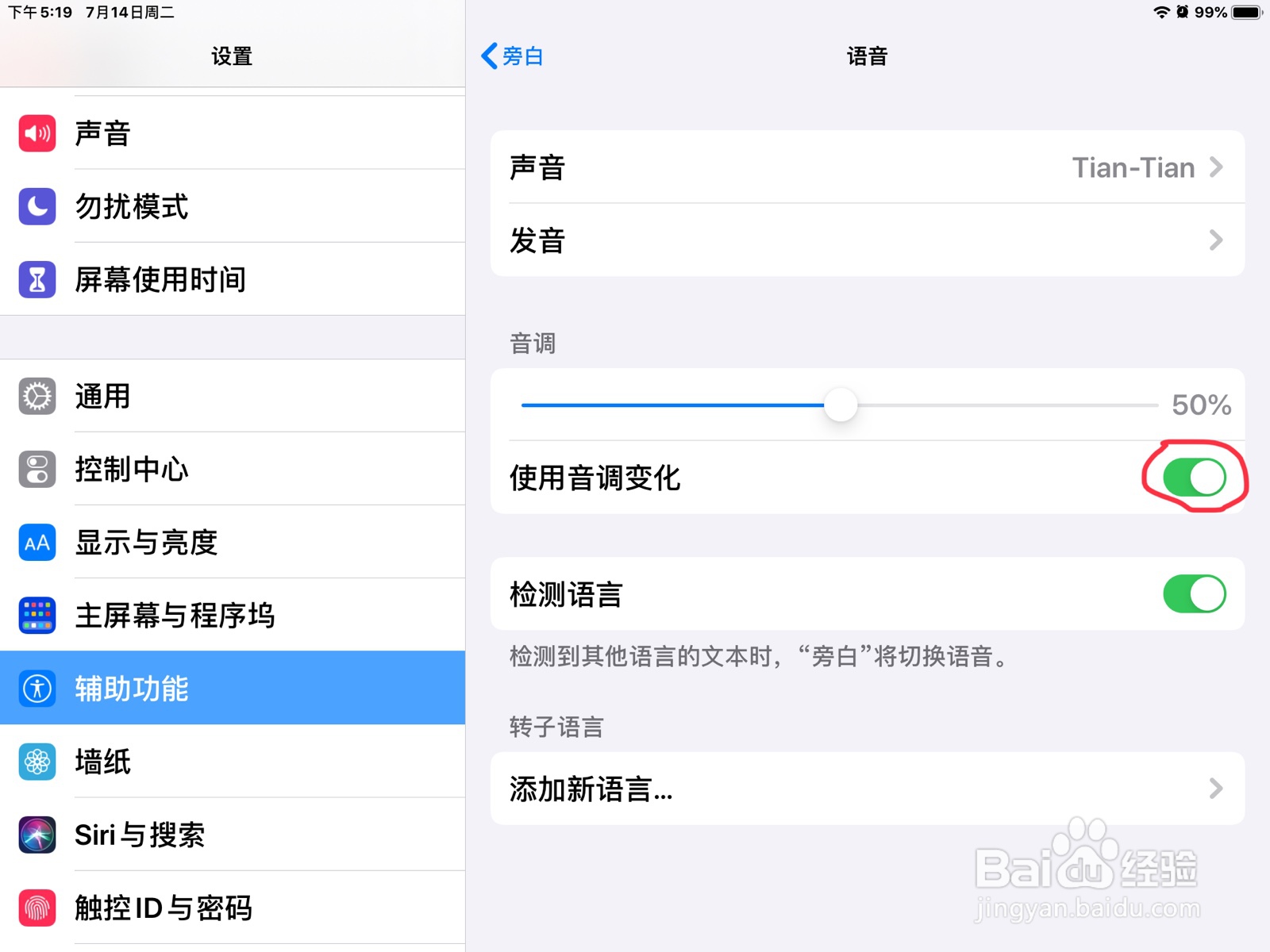 iPad怎么打开旁白的使用音调变化
