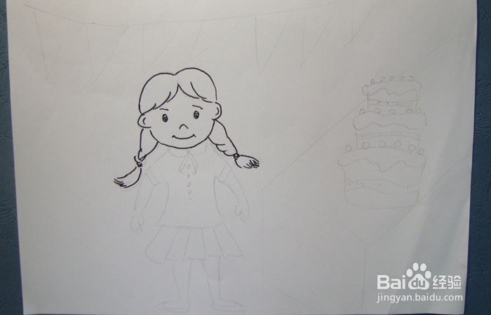 彩色简笔画买蛋糕的小女孩