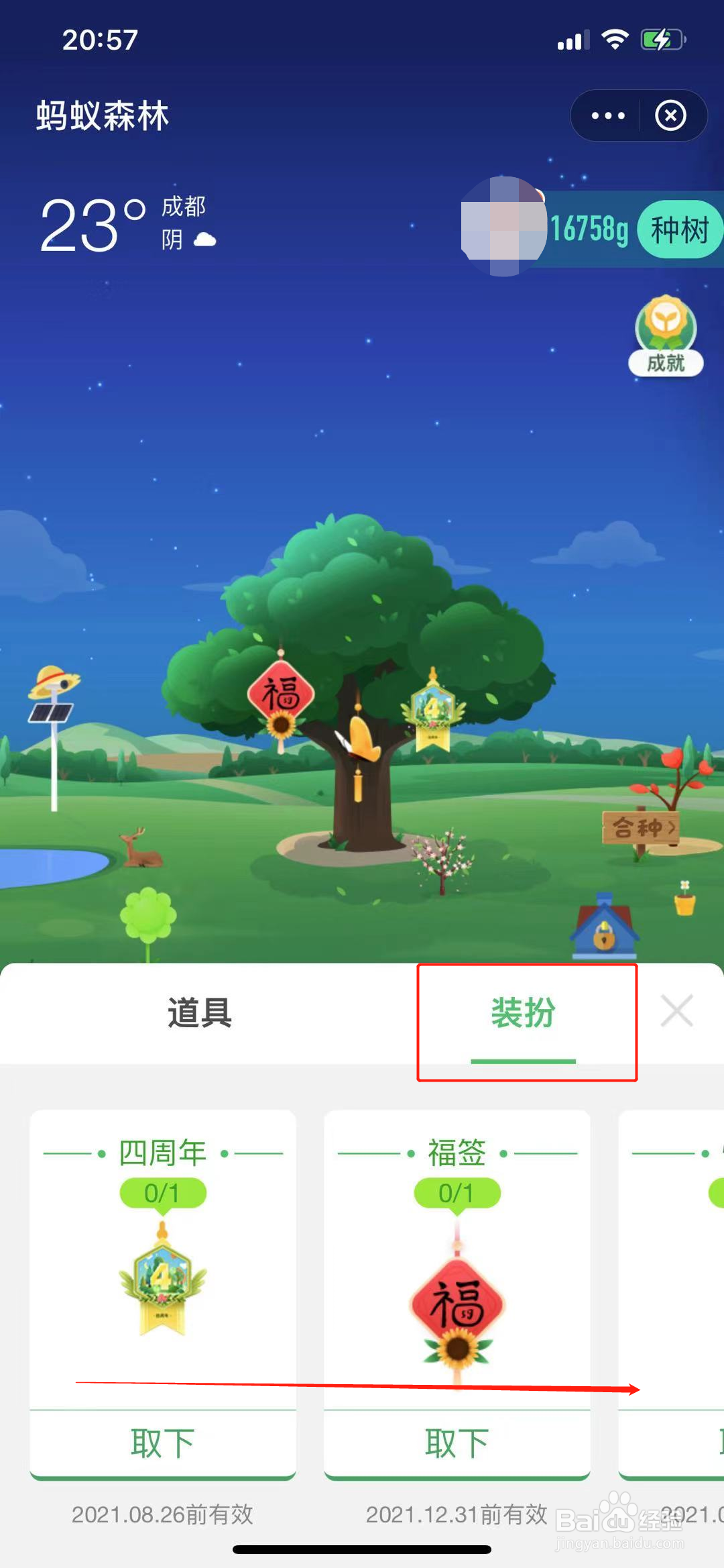 蚂蚁森林怎么查看自己获得的装扮挂饰？