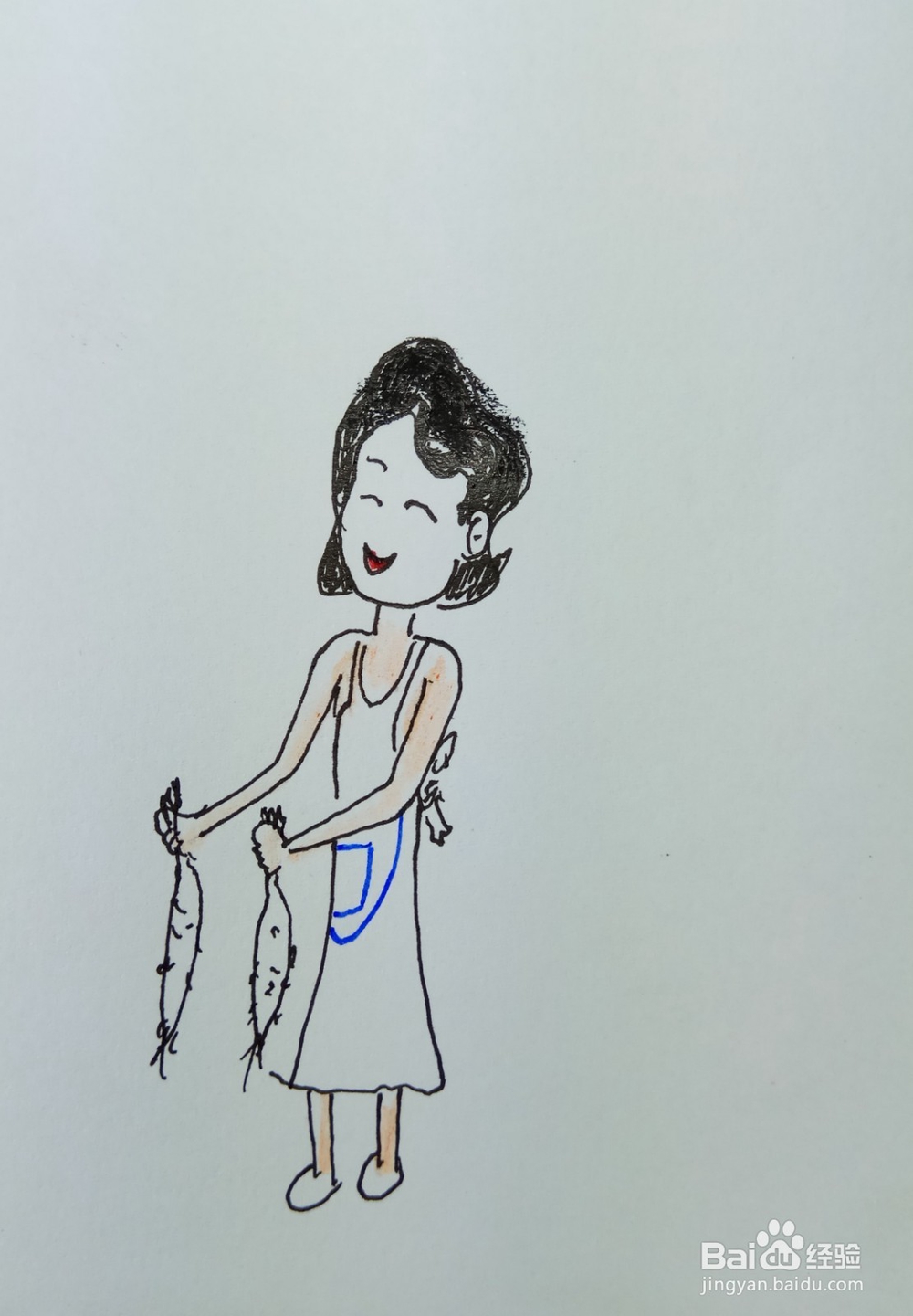 怎样画儿童简笔画“围裙妈妈提了两个萝卜”？