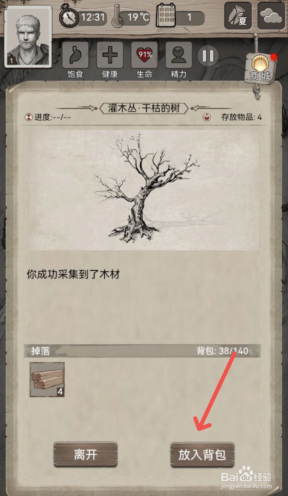 荒野日记怎么把采集到的木材放入背包