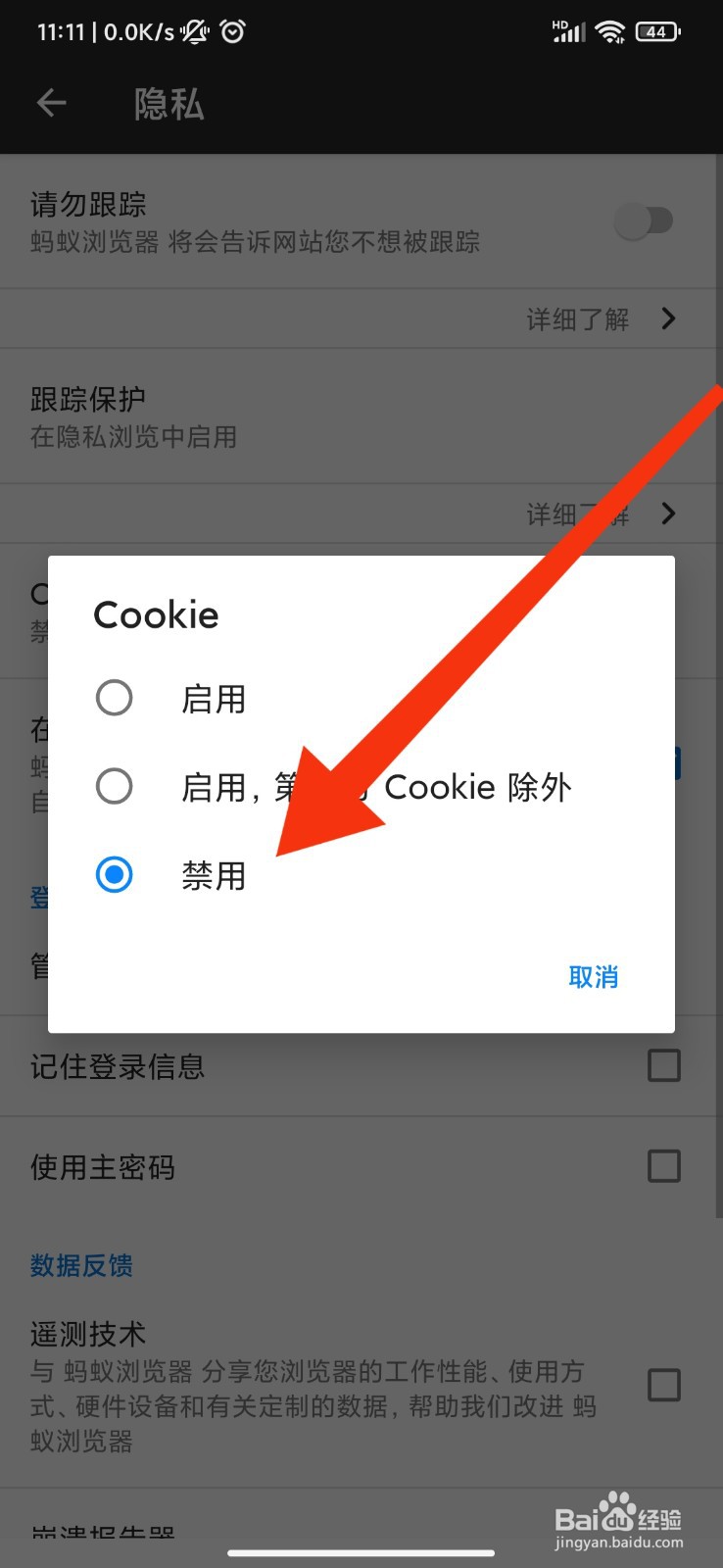蚂蚁浏览器怎么禁用cookie