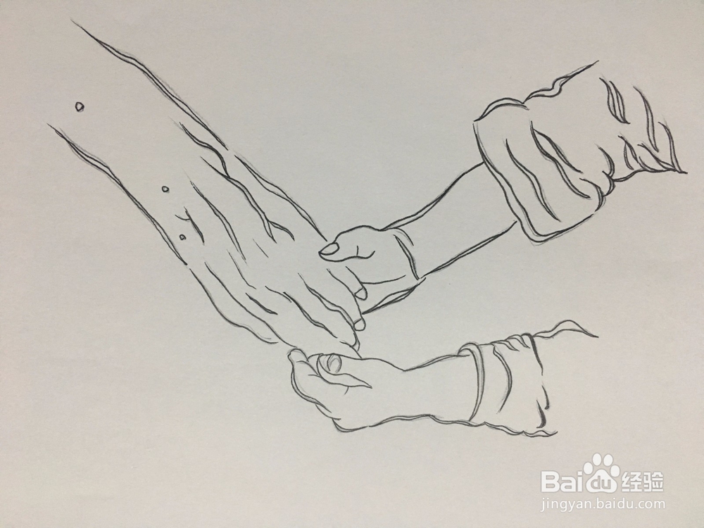 画一双年轻人的手握着一只老人的手 简笔画