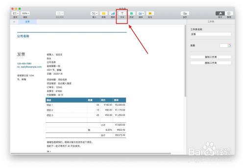 Numbers表格“发票”模板中如何插入文本