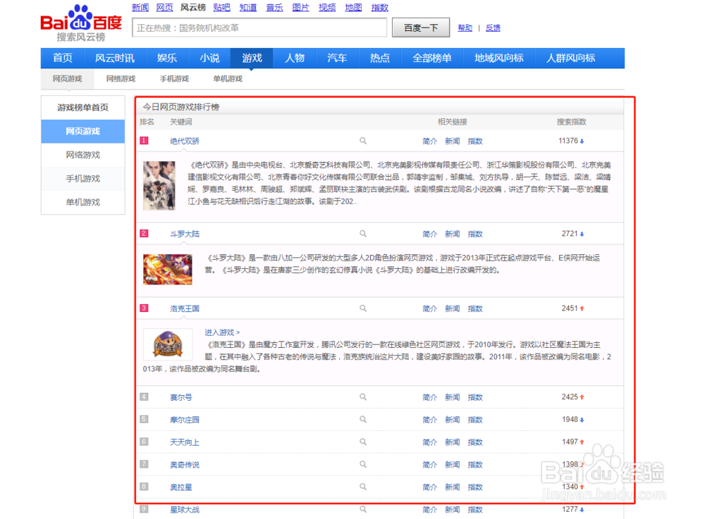 搜索当前最热门的网页游戏