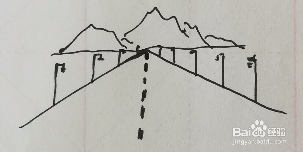 远山由远及近的公路路灯汽车组合简笔画怎么画