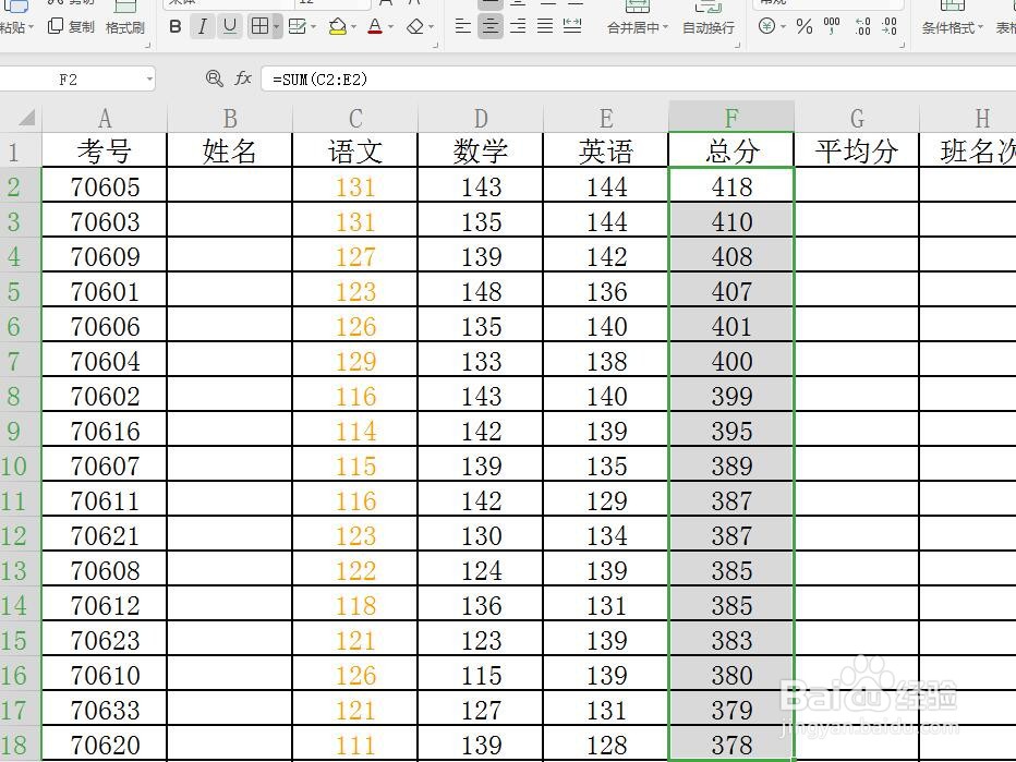 Excel/WPS表格怎么对给出的成绩单求和