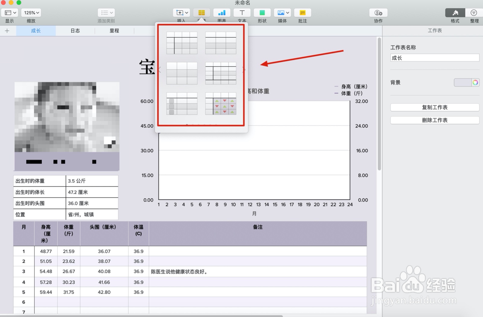 Numbers表格宝宝记录中如何插入表格