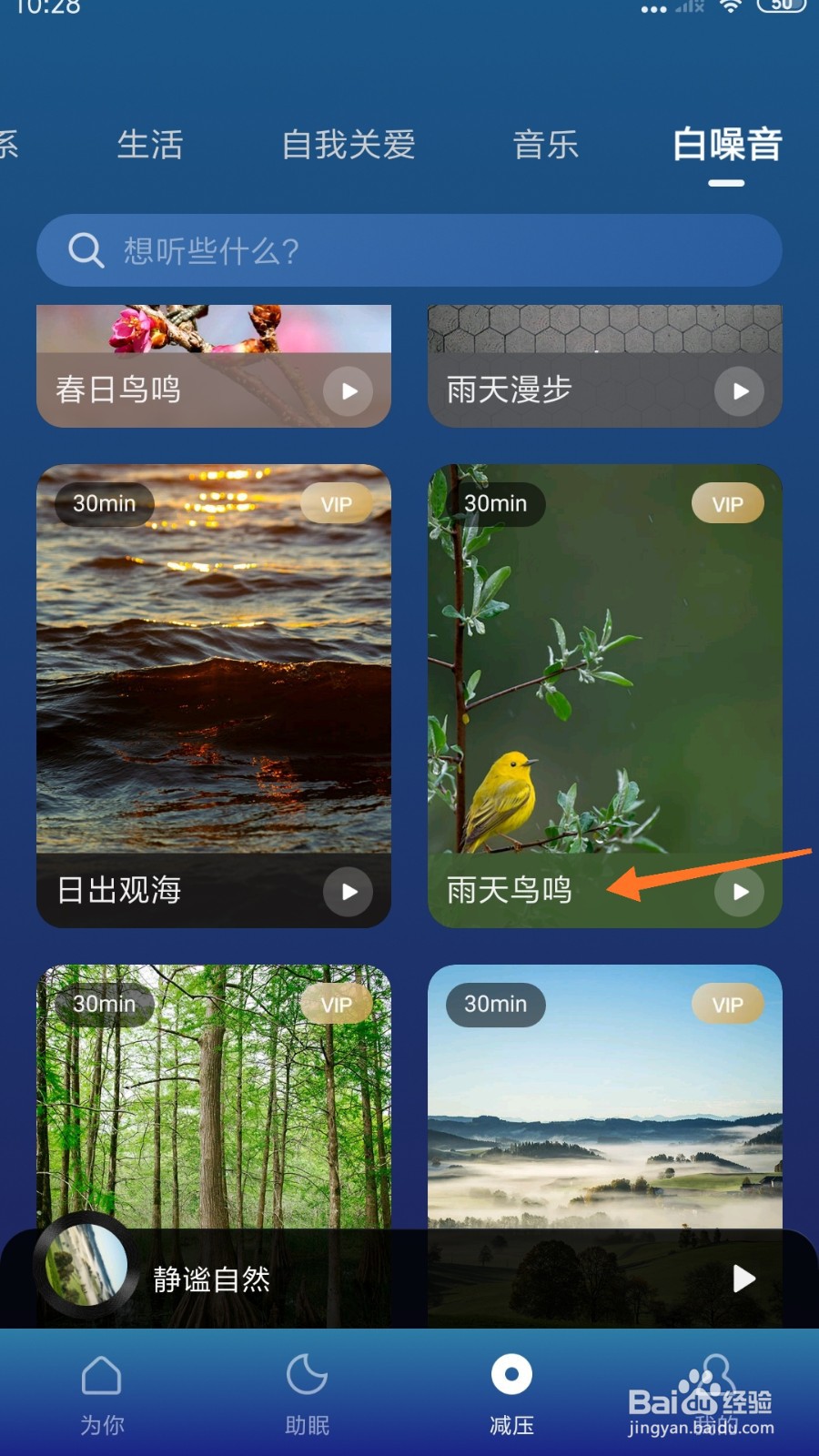 Calm冥想中怎么播放雨天鸟鸣