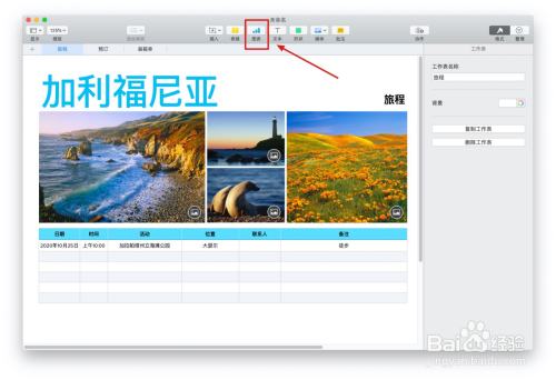 Numbers表格旅游计划中如何插入图表