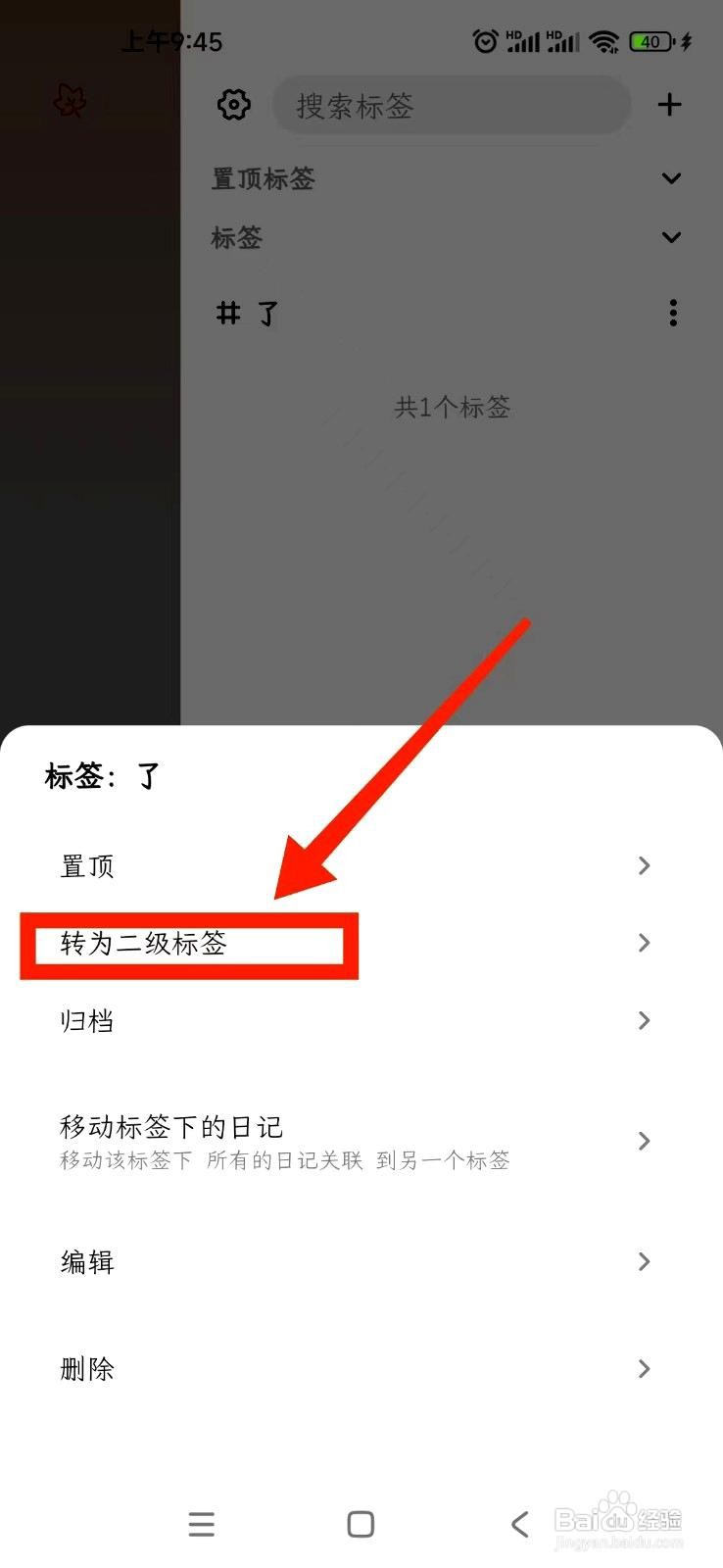 一叶日记app如何将标签转为二级标签