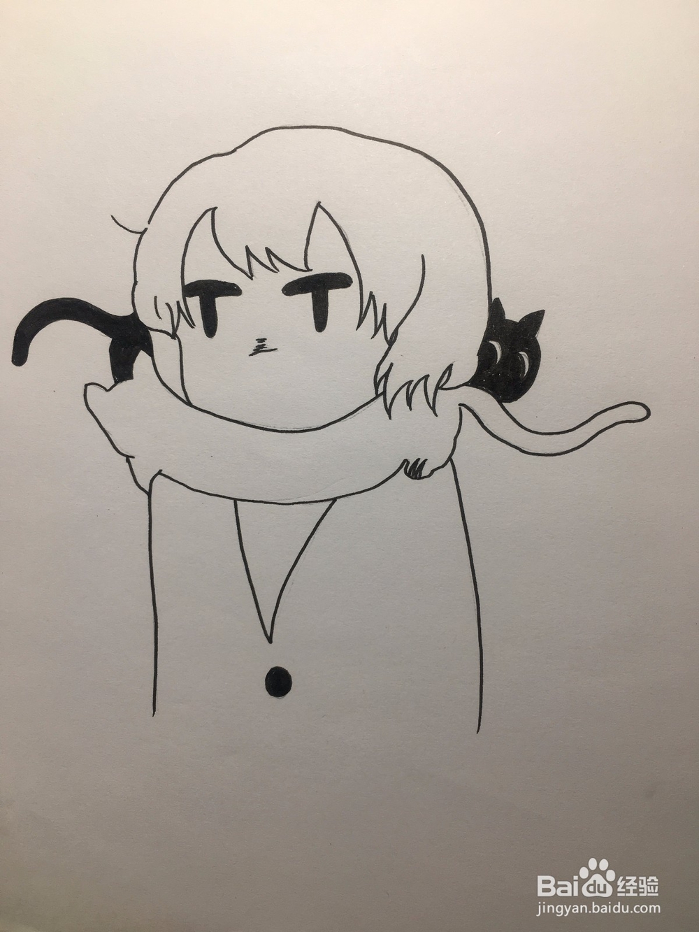 动漫线稿 画两只猫围着女孩的脖子 猫围脖简笔画