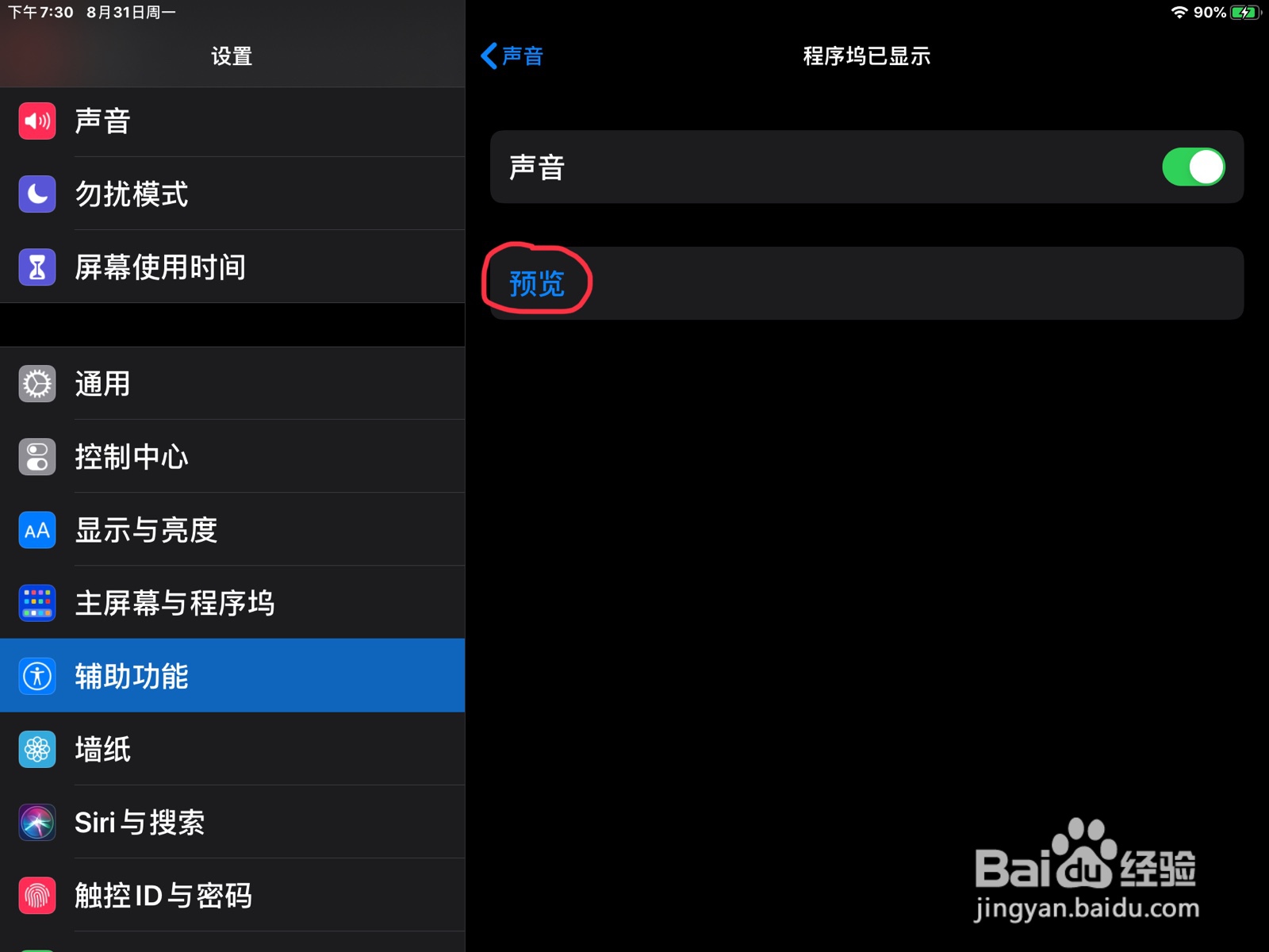 iPad怎么在旁白设置程序坞已显示的预览