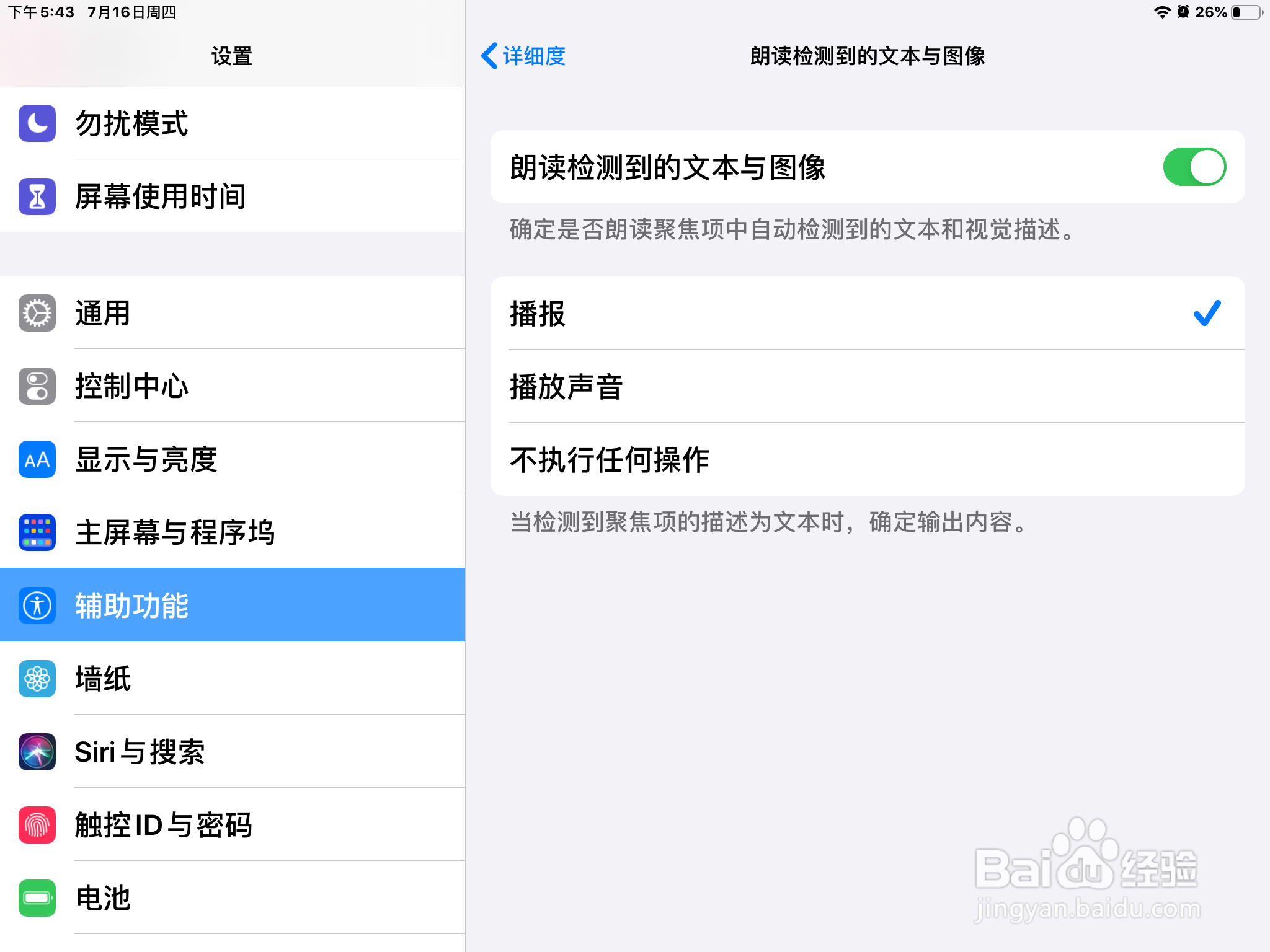 iPad怎么在旁白设置朗读检测到的文本与图像