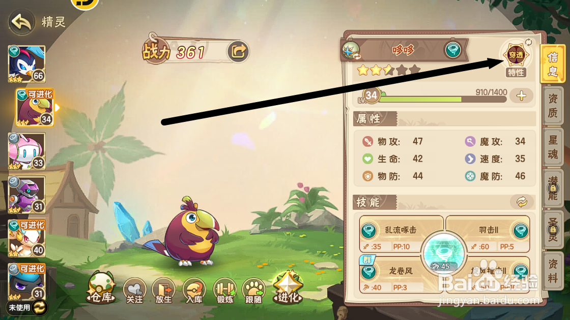 西普大陆怎么查看风系精灵哆哆的【穿透特性】？