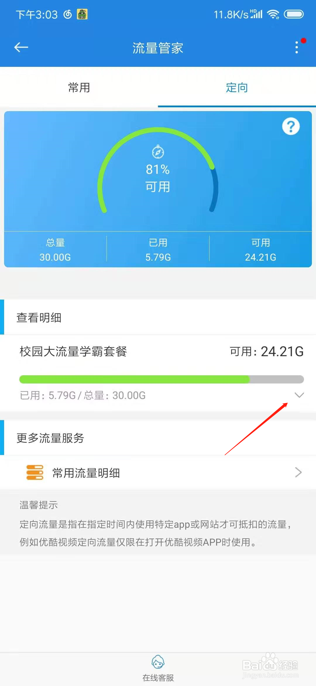广东移动app怎么查询定向流量
