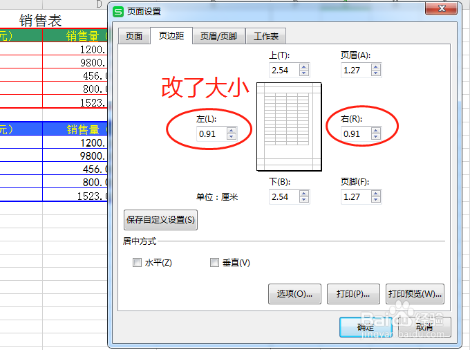 如何设置电子表格（WPS2019)的页边距