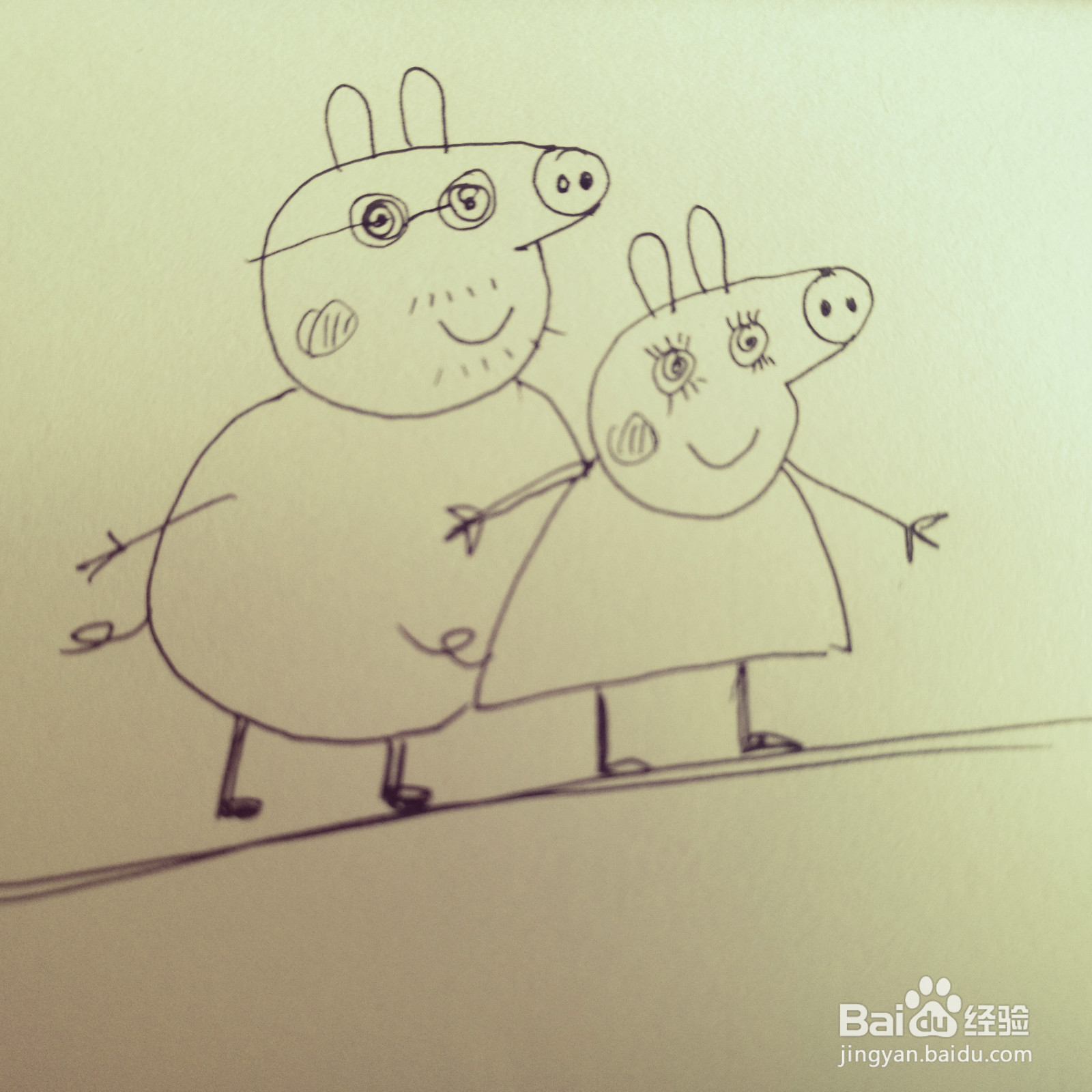 如何来画恩爱的佩奇爸爸和佩奇妈妈简笔画
