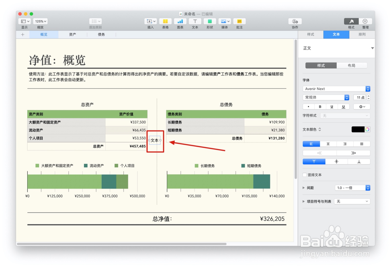 Numbers表格“净值”模板中如何插入文本