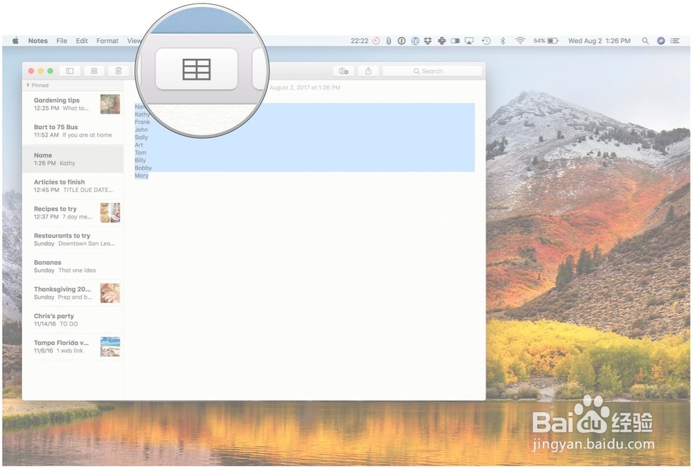 macOS High Sierra中使用Notes中的表