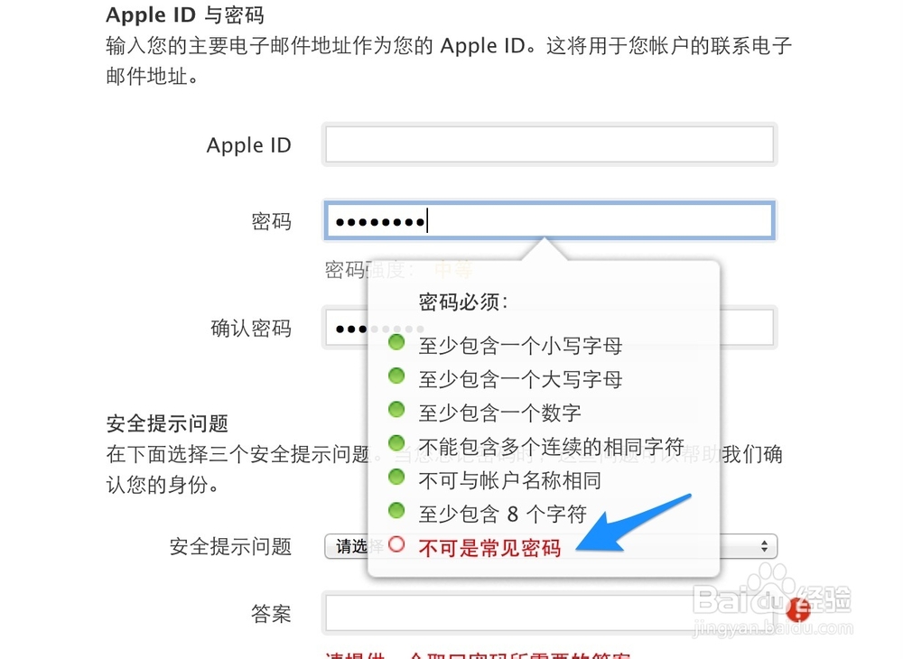 Apple ID注册密码要求