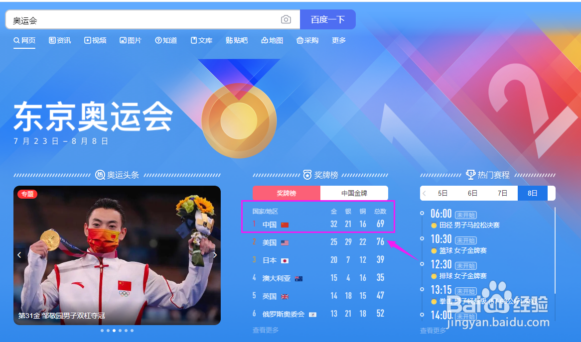 东京奥运会怎么查看中国金牌排行榜情况
