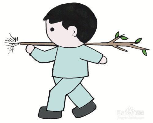 扛着小树苗的学生简笔画