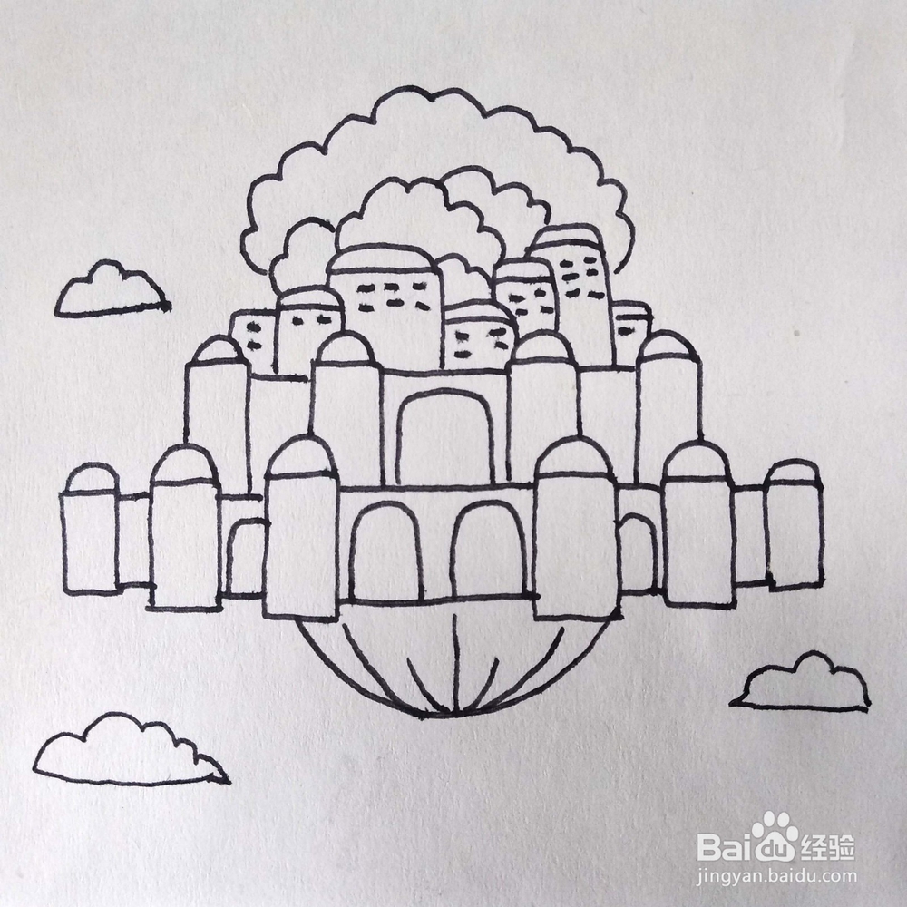 怎么画天空之城动画片中的悬浮的城市简笔画