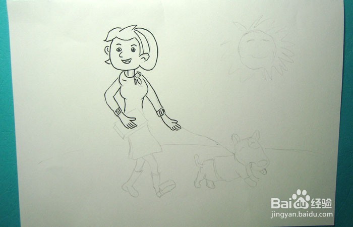 彩色简笔画牵小狗晒太阳的女孩