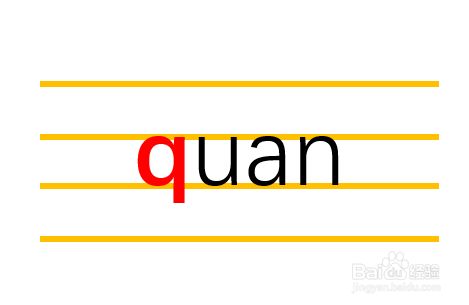 对应着汉语拼音字母表,我们看到"quan"的声母是"q".