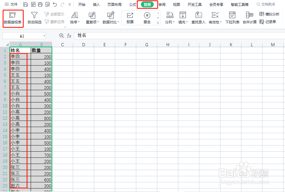 WPS 表格怎样何汇总相同姓名的数据