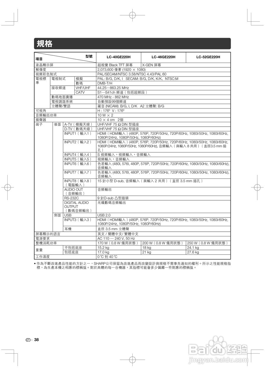 声宝LC-46GE220H型液晶电视机说明书:[4]