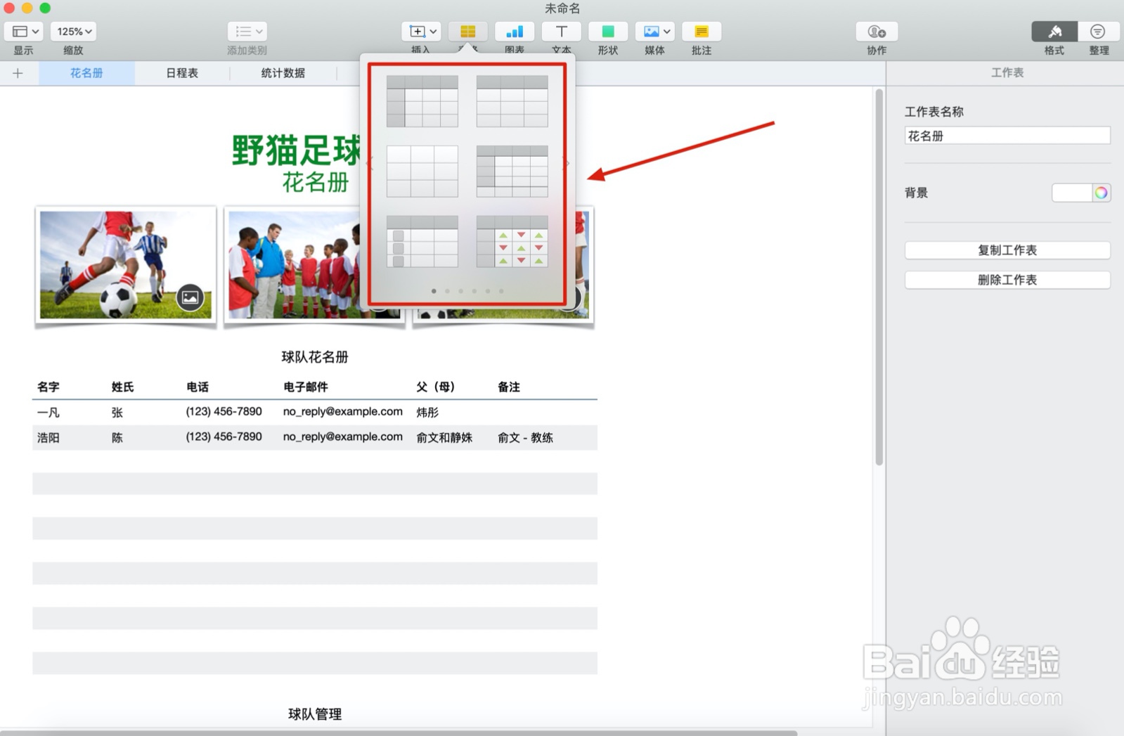 Numbers表格球队组织中如何插入表格
