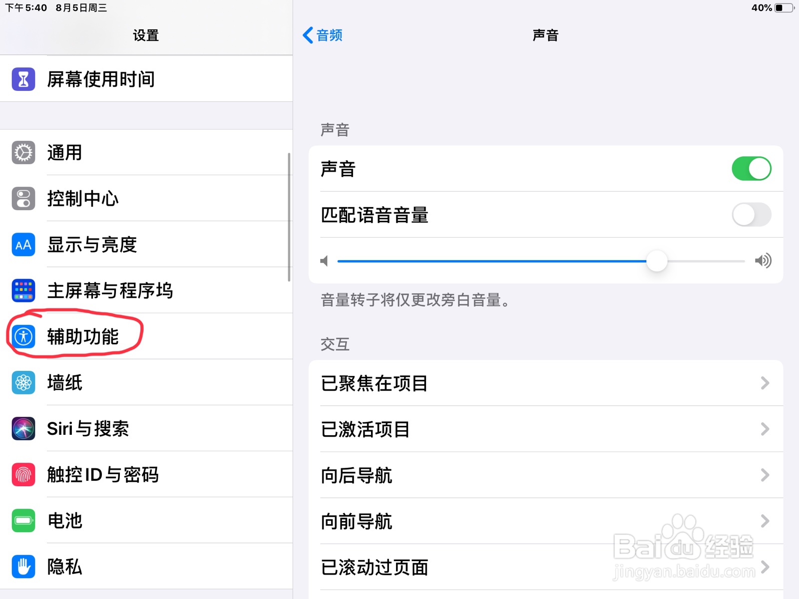 iPad怎么在旁白打开已聚焦在项目的声音