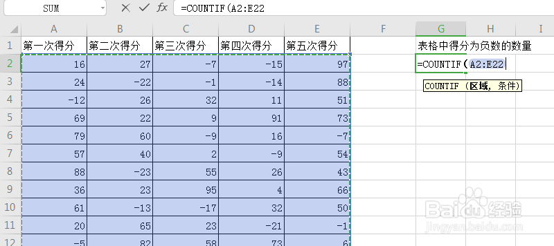 excel中怎么计算得分为负的总量是多少