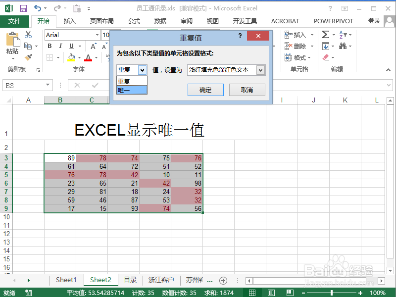 Excel如何显示标记数字唯一值