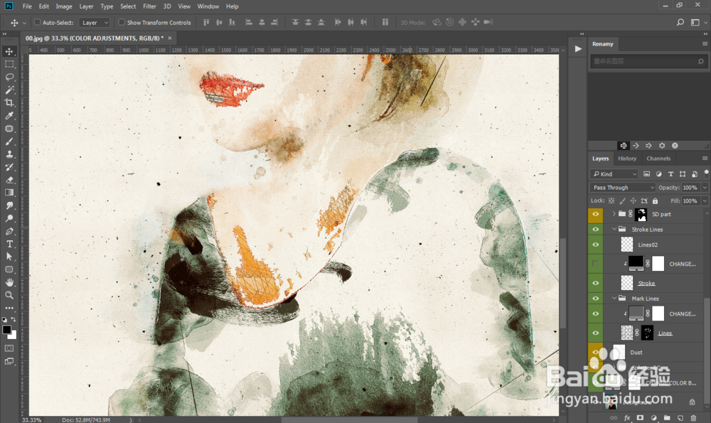 PS动作一键制作油漆飞溅素描人物效果