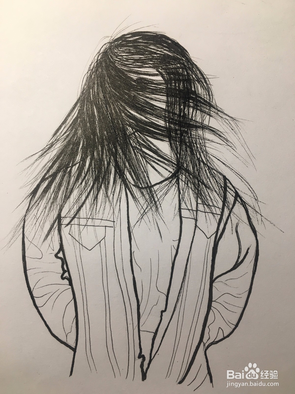 冬季画一个风中长发凌乱的样子 女子简笔线描画