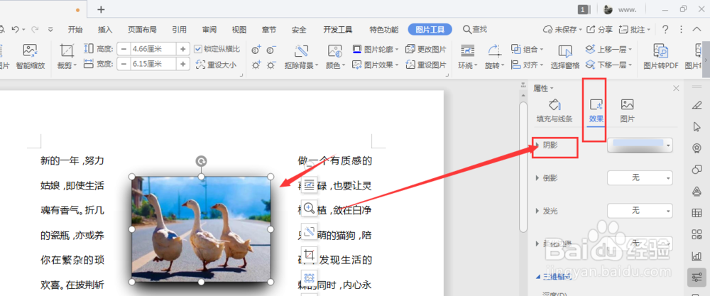 WPS文档中怎么更改图片阴影的颜色