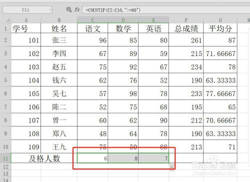 Excel怎么用countif算出各科成绩的及格人数
