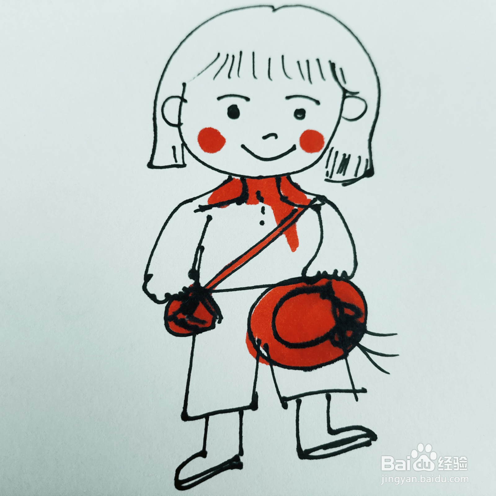 如何来画一位背着红包拿着帽子的卡通女孩呢?