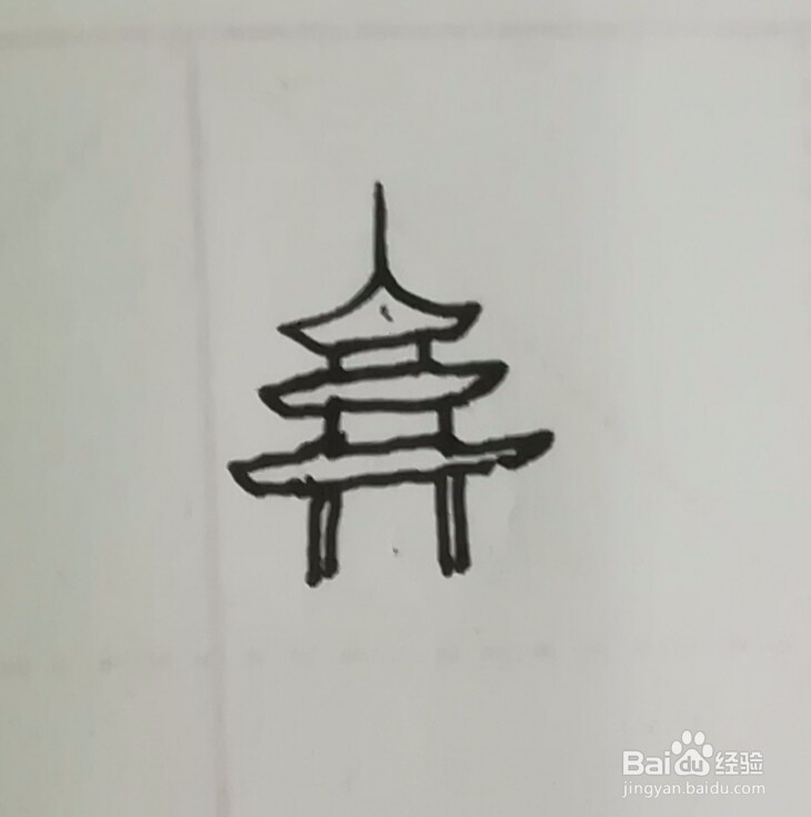 山、河、树、亭子、白云太阳组合简笔画