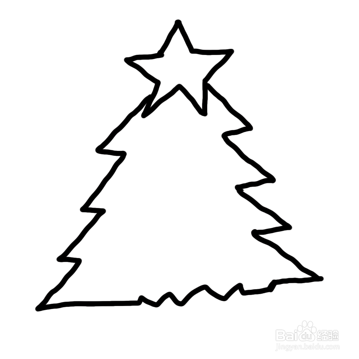 第二步,画出五角星下面的圣诞树的形状,曲折的三角形