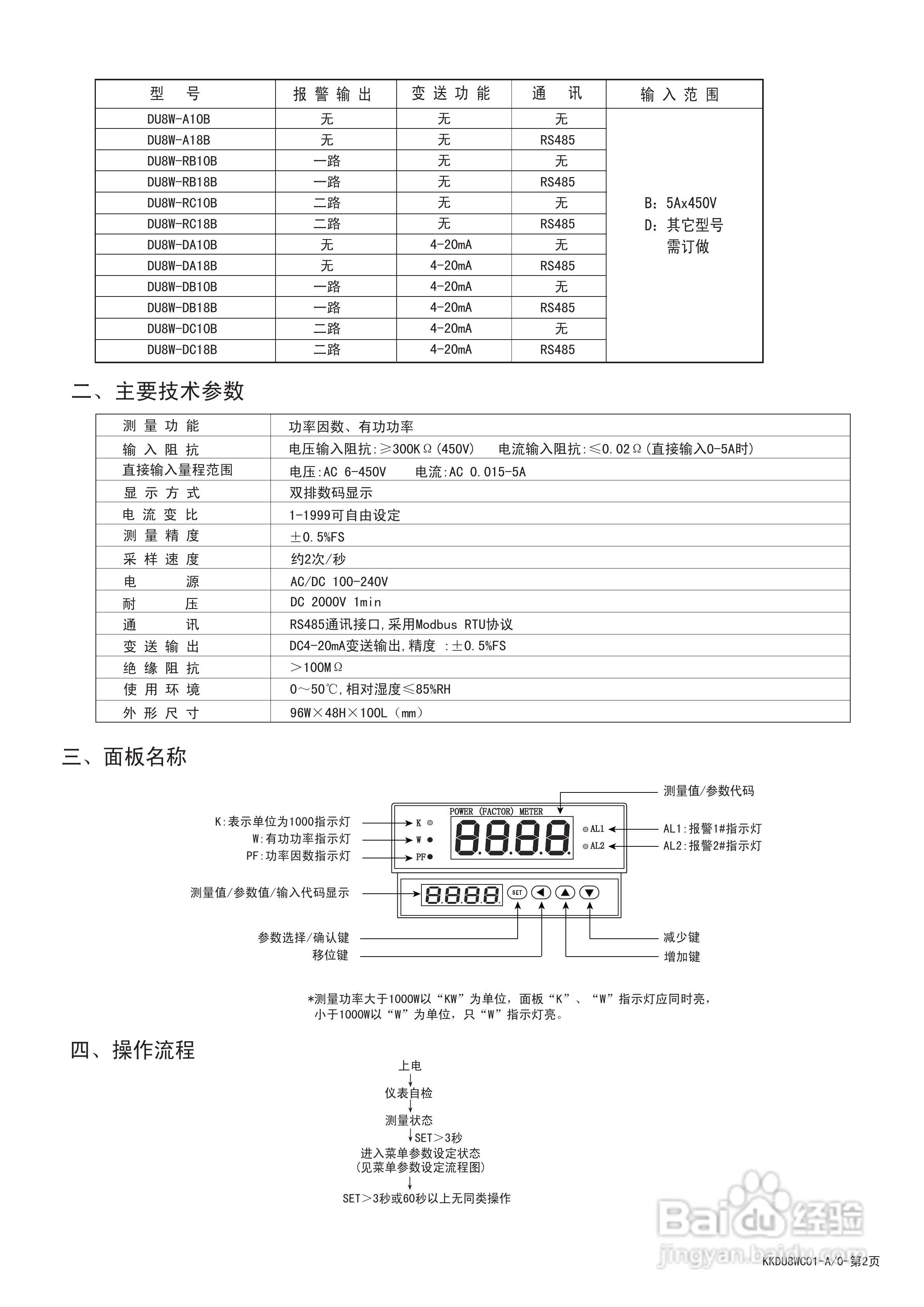 东崎DU8W系列单相功率因数/有功功率测量仪表说明书