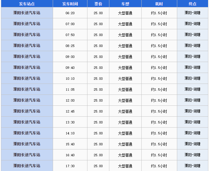 溧阳至湖塘的汽车时刻表