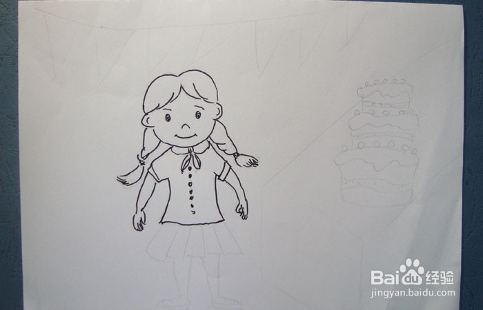 彩色简笔画买蛋糕的小女孩