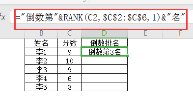 工作表中如何用rank函数制作倒数排名表?