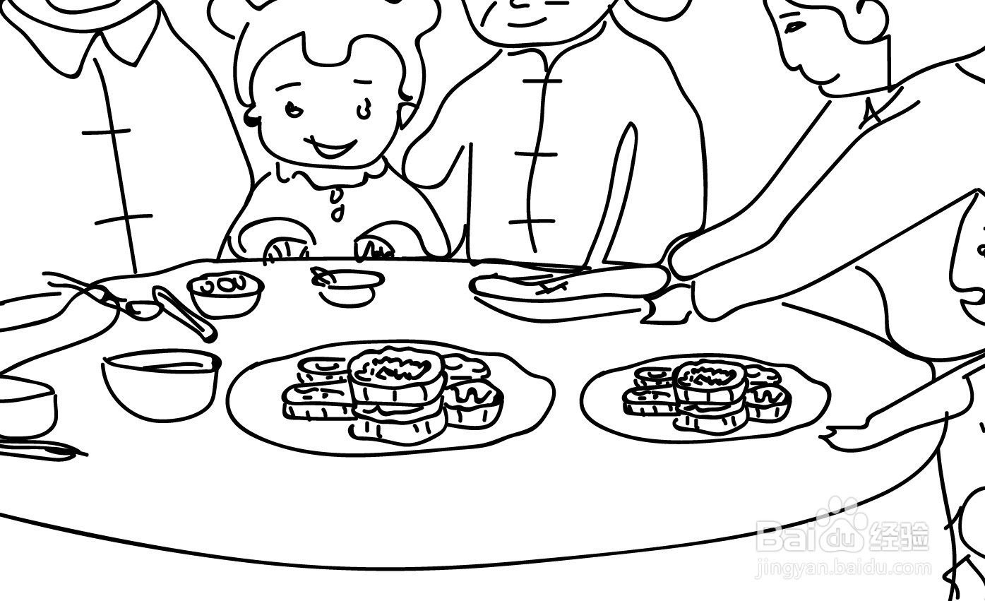 一家人坐在一起吃月饼简笔画