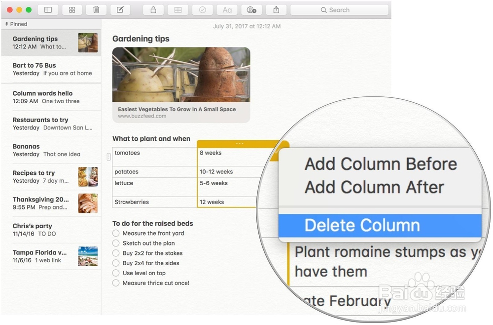 macOS High Sierra中使用Notes中的表
